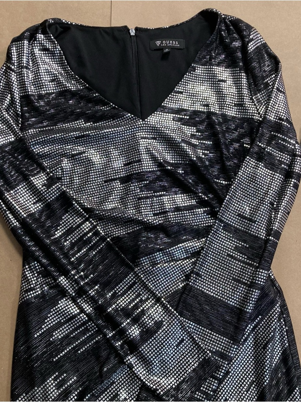 GUESS Black and Silver V-Neck Dress